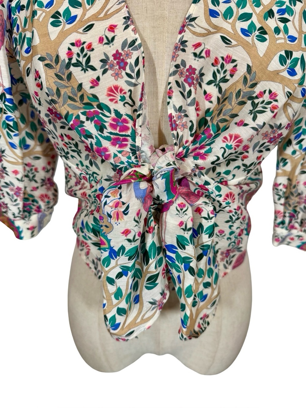 Sandro Iram Cropped Printed Linen and Silk Shantung Tie Top Sz:1/Small - Picture 8 of 16